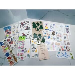 Large Lot of Vintage Stickers Baby Gymnastics Flags Trees Golf Presents Camping